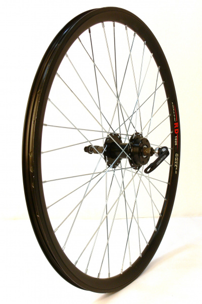 Колесо 26" MTB,заднее, двойной обод RD-1026 28х23мм,алюминиевый сплав, черный,черная втулка KT-M65RQR,135 мм с эксц. ,под диск 36 спицпод трещетку,крепление ротора IS6